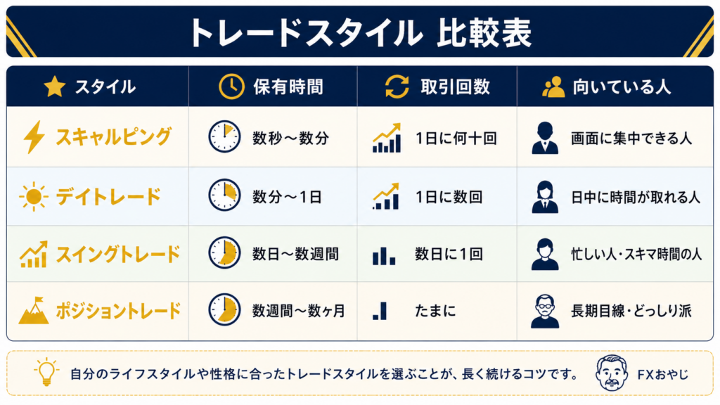 トレードスタイル比較表(スキャルピング・デイトレード・スイングトレード・ポジショントレード)