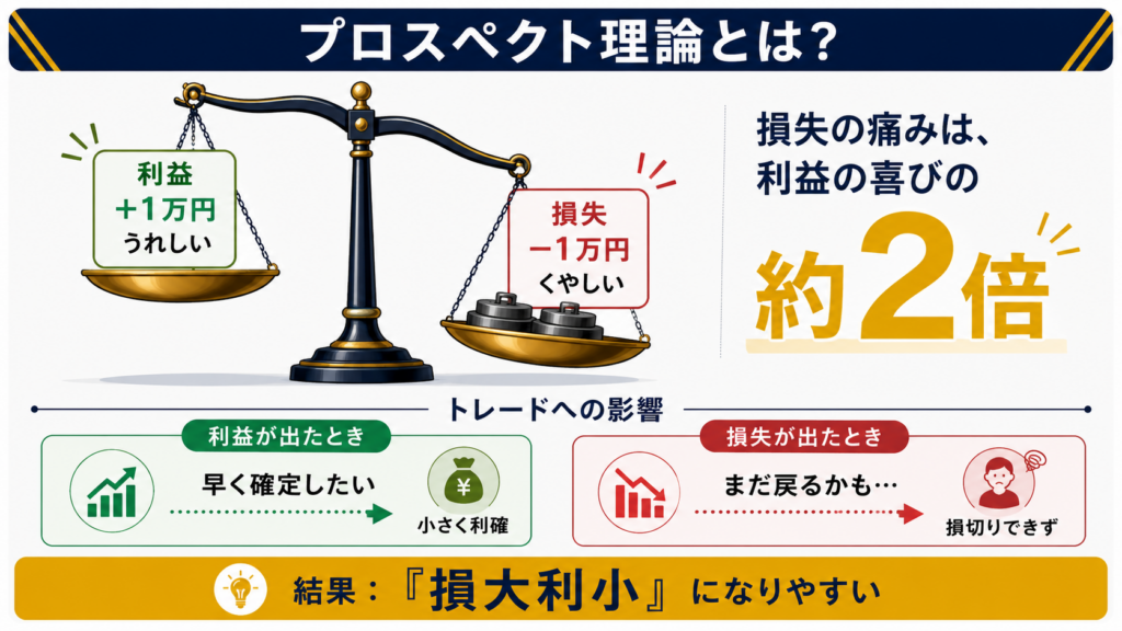 プロスペクト理論の図（損失の痛みは利益の喜びの約2倍、損大利小になりやすい）
